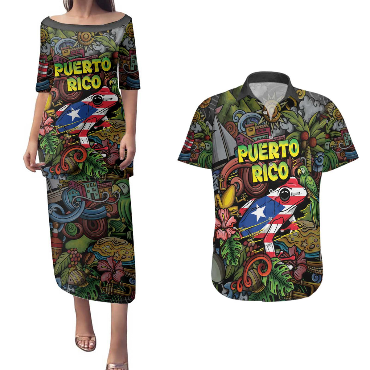 Personalized Puerto Rico Couples Matching Puletasi and Hawaiian Shirt The Coqui Frog Tropical Doodle Style - Wonder Print Shop