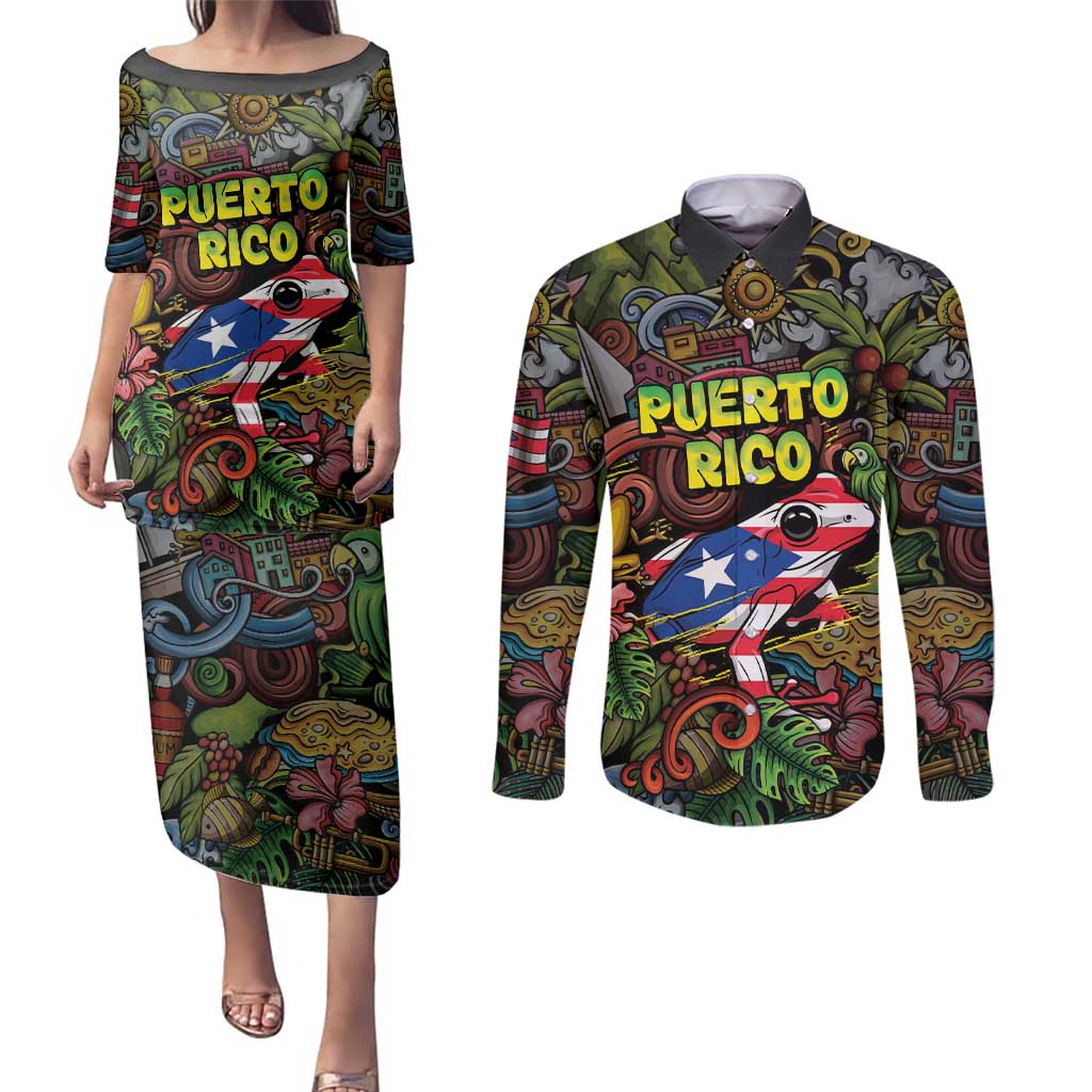 Personalized Puerto Rico Couples Matching Puletasi and Long Sleeve Button Shirt The Coqui Frog Tropical Doodle Style - Wonder Print Shop
