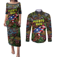 Personalized Puerto Rico Couples Matching Puletasi and Long Sleeve Button Shirt The Coqui Frog Tropical Doodle Style - Wonder Print Shop
