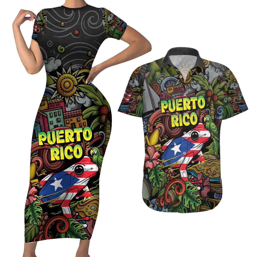 Personalized Puerto Rico Couples Matching Short Sleeve Bodycon Dress and Hawaiian Shirt The Coqui Frog Tropical Doodle Style - Wonder Print Shop