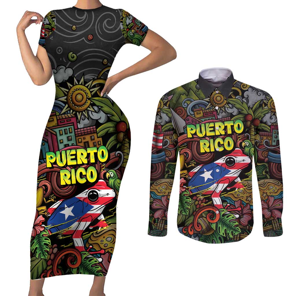 Personalized Puerto Rico Couples Matching Short Sleeve Bodycon Dress and Long Sleeve Button Shirt The Coqui Frog Tropical Doodle Style - Wonder Print Shop