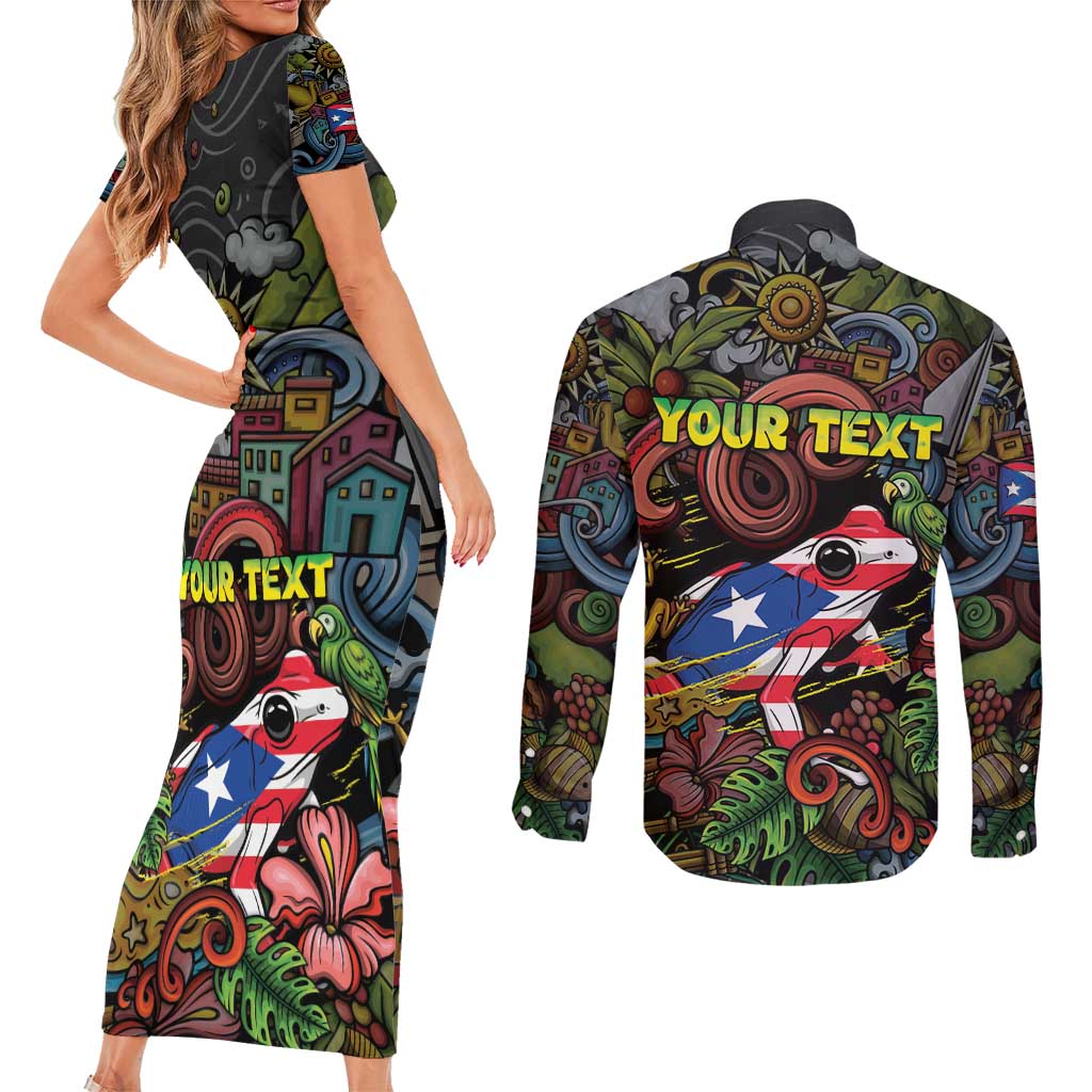 Personalized Puerto Rico Couples Matching Short Sleeve Bodycon Dress and Long Sleeve Button Shirt The Coqui Frog Tropical Doodle Style - Wonder Print Shop