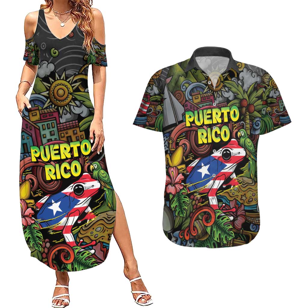 Personalized Puerto Rico Couples Matching Summer Maxi Dress and Hawaiian Shirt The Coqui Frog Tropical Doodle Style - Wonder Print Shop