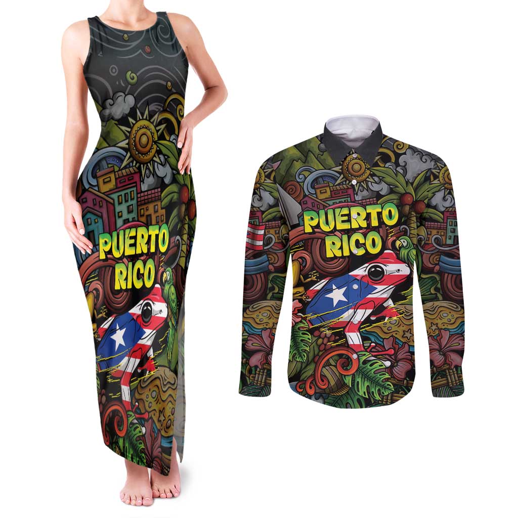 Personalized Puerto Rico Couples Matching Tank Maxi Dress and Long Sleeve Button Shirt The Coqui Frog Tropical Doodle Style - Wonder Print Shop