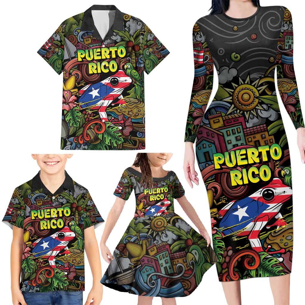 Personalized Puerto Rico Family Matching Long Sleeve Bodycon Dress and Hawaiian Shirt The Coqui Frog Tropical Doodle Style - Wonder Print Shop