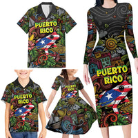 Personalized Puerto Rico Family Matching Long Sleeve Bodycon Dress and Hawaiian Shirt The Coqui Frog Tropical Doodle Style - Wonder Print Shop