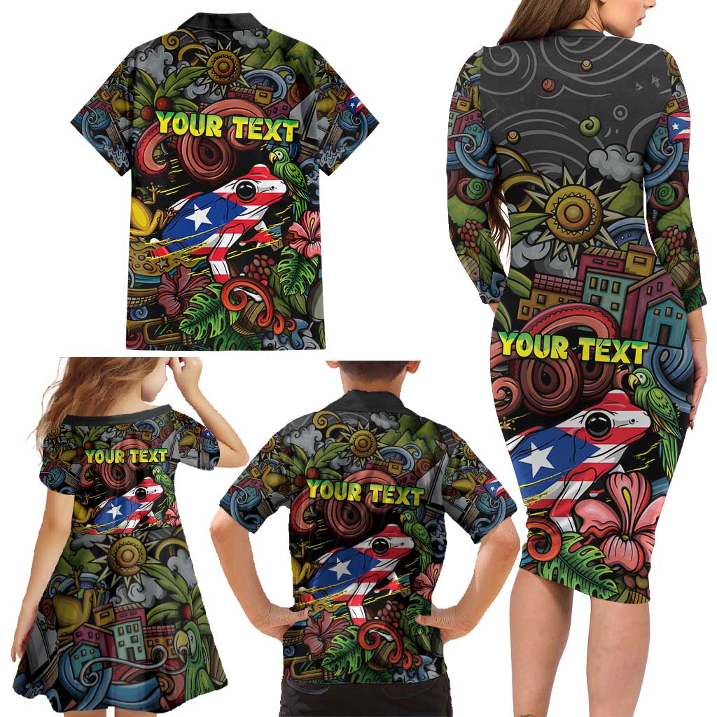 Personalized Puerto Rico Family Matching Long Sleeve Bodycon Dress and Hawaiian Shirt The Coqui Frog Tropical Doodle Style - Wonder Print Shop