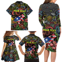 Personalized Puerto Rico Family Matching Long Sleeve Bodycon Dress and Hawaiian Shirt The Coqui Frog Tropical Doodle Style - Wonder Print Shop