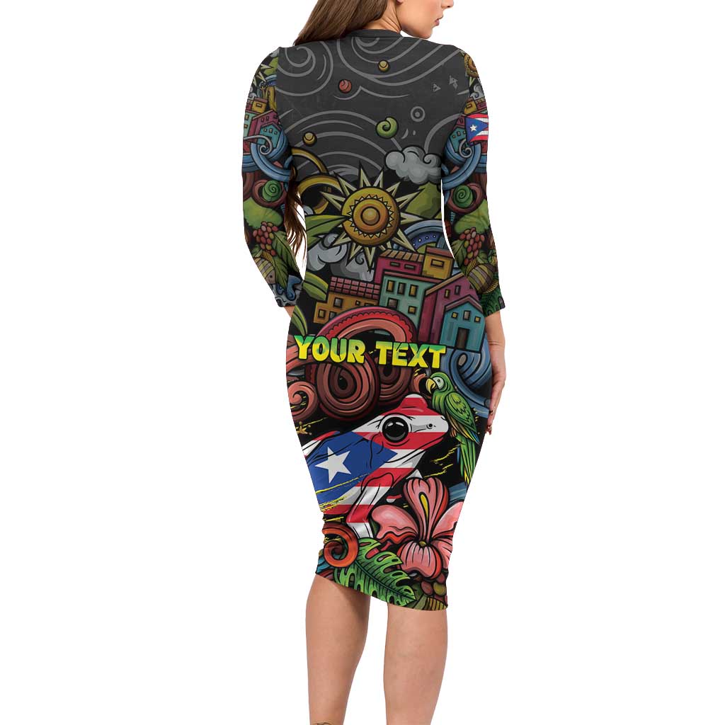 Personalized Puerto Rico Family Matching Long Sleeve Bodycon Dress and Hawaiian Shirt The Coqui Frog Tropical Doodle Style - Wonder Print Shop