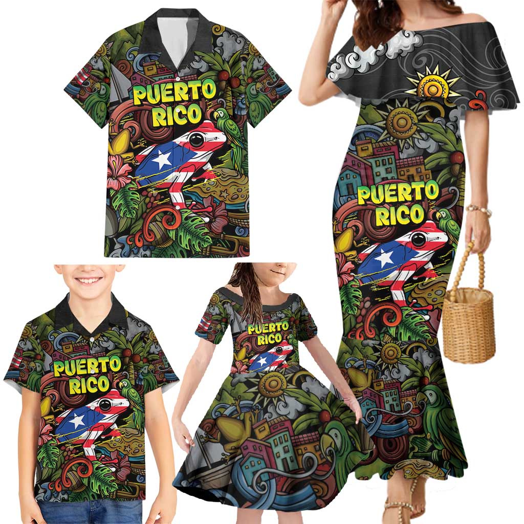Personalized Puerto Rico Family Matching Mermaid Dress and Hawaiian Shirt The Coqui Frog Tropical Doodle Style - Wonder Print Shop