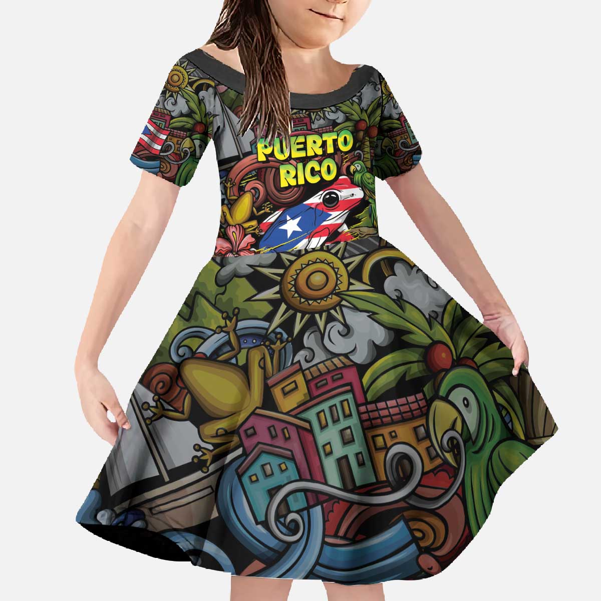 Personalized Puerto Rico Family Matching Off The Shoulder Long Sleeve Dress and Hawaiian Shirt The Coqui Frog Tropical Doodle Style - Wonder Print Shop