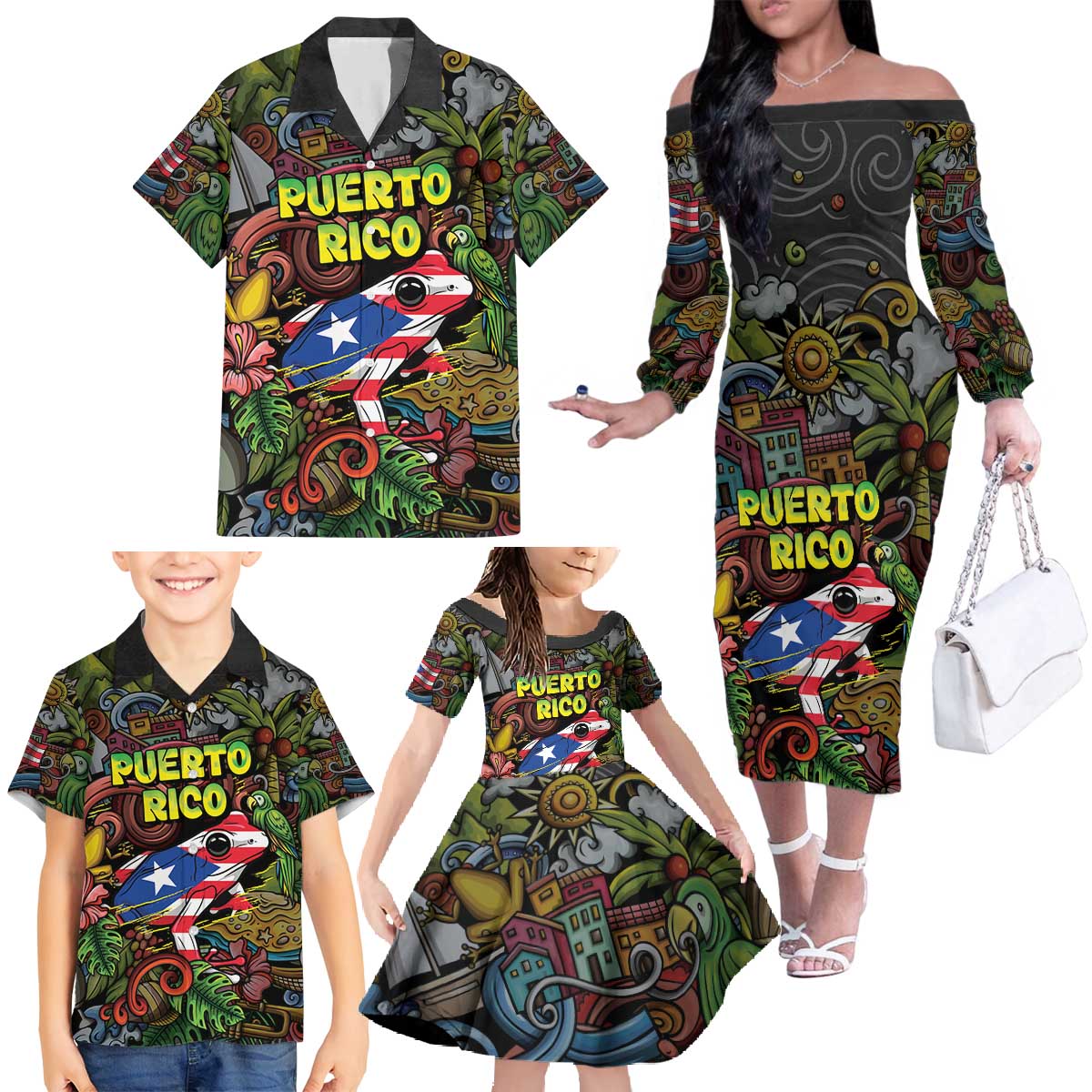 Personalized Puerto Rico Family Matching Off The Shoulder Long Sleeve Dress and Hawaiian Shirt The Coqui Frog Tropical Doodle Style - Wonder Print Shop