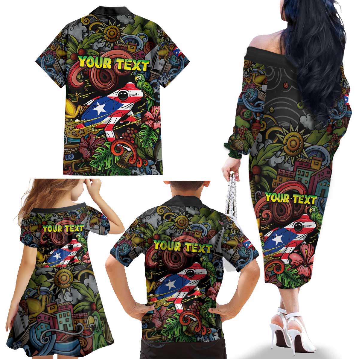 Personalized Puerto Rico Family Matching Off The Shoulder Long Sleeve Dress and Hawaiian Shirt The Coqui Frog Tropical Doodle Style - Wonder Print Shop