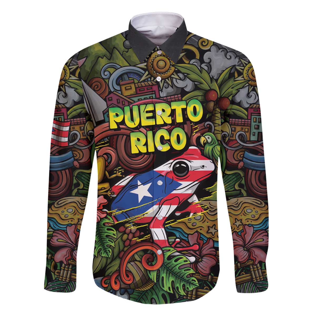 Personalized Puerto Rico Family Matching Off The Shoulder Long Sleeve Dress and Hawaiian Shirt The Coqui Frog Tropical Doodle Style - Wonder Print Shop