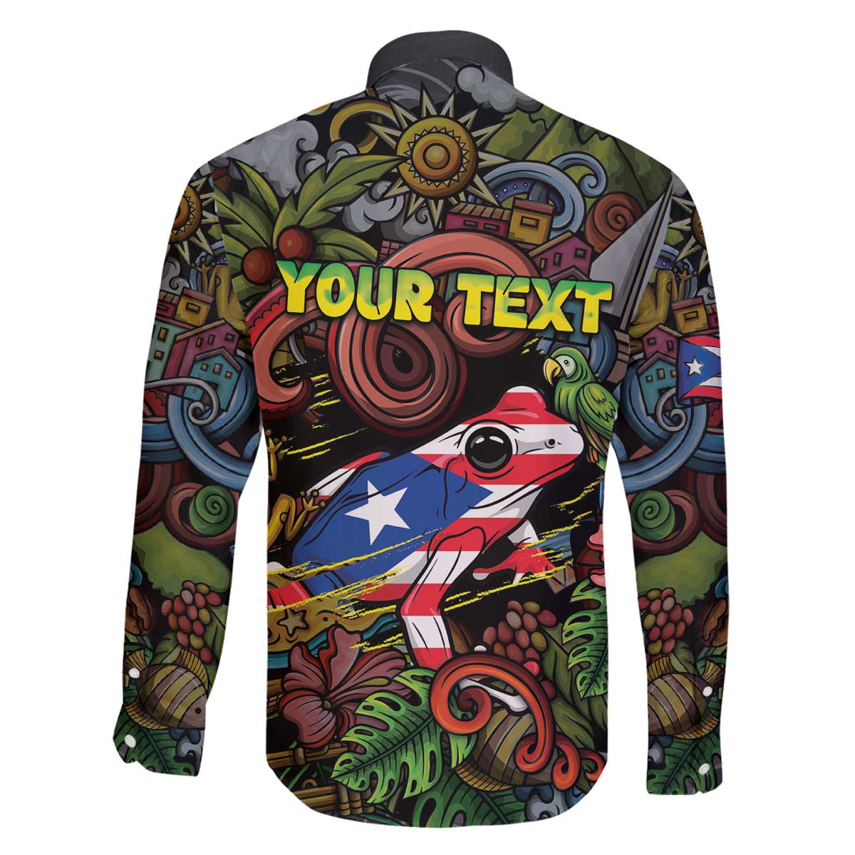 Personalized Puerto Rico Family Matching Off The Shoulder Long Sleeve Dress and Hawaiian Shirt The Coqui Frog Tropical Doodle Style - Wonder Print Shop