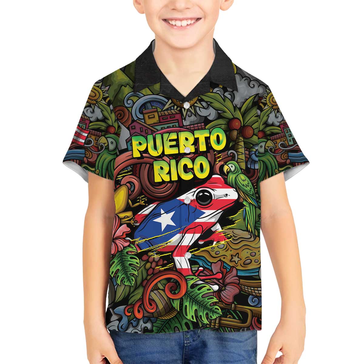 Personalized Puerto Rico Family Matching Off The Shoulder Long Sleeve Dress and Hawaiian Shirt The Coqui Frog Tropical Doodle Style - Wonder Print Shop