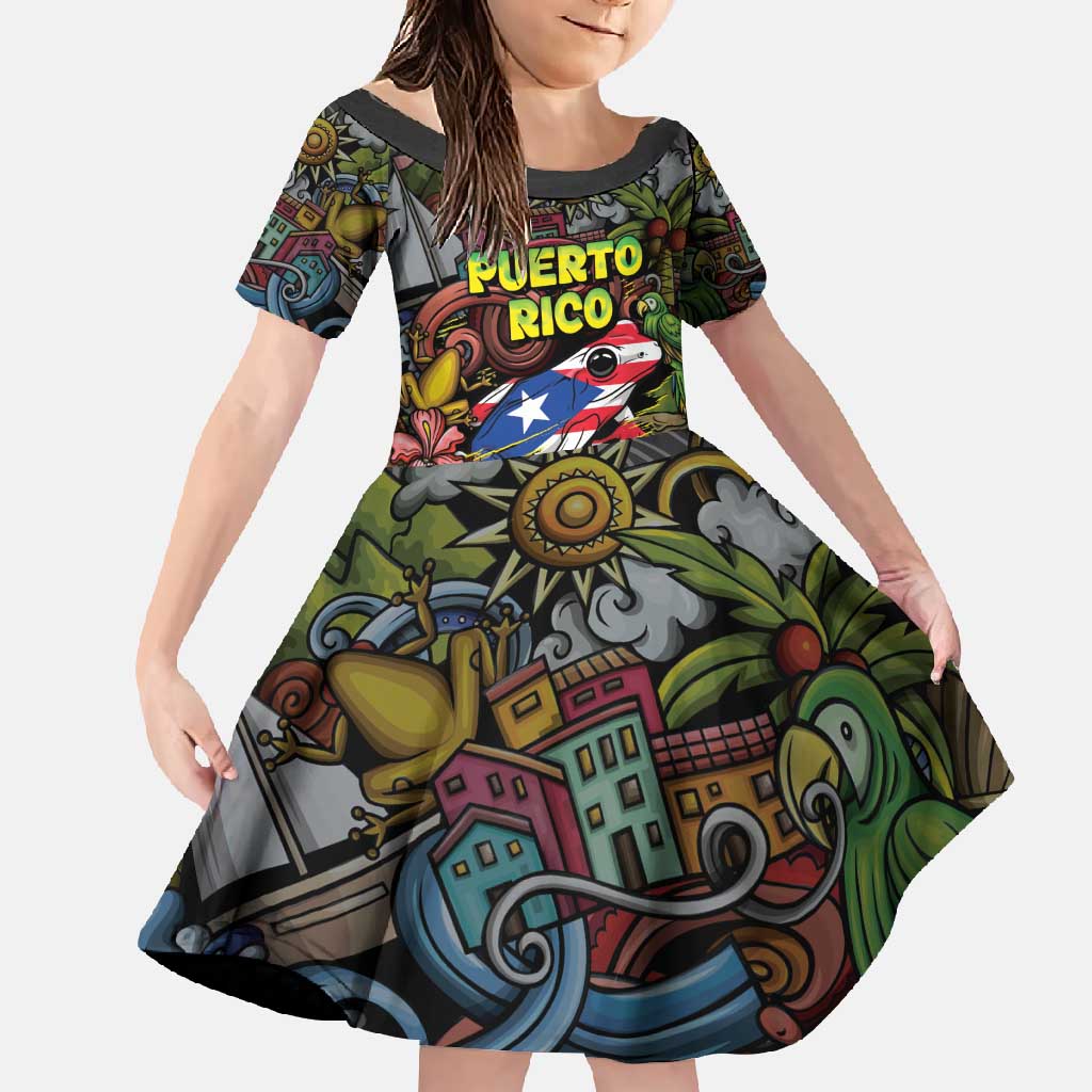 Personalized Puerto Rico Family Matching Off Shoulder Maxi Dress and Hawaiian Shirt The Coqui Frog Tropical Doodle Style - Wonder Print Shop