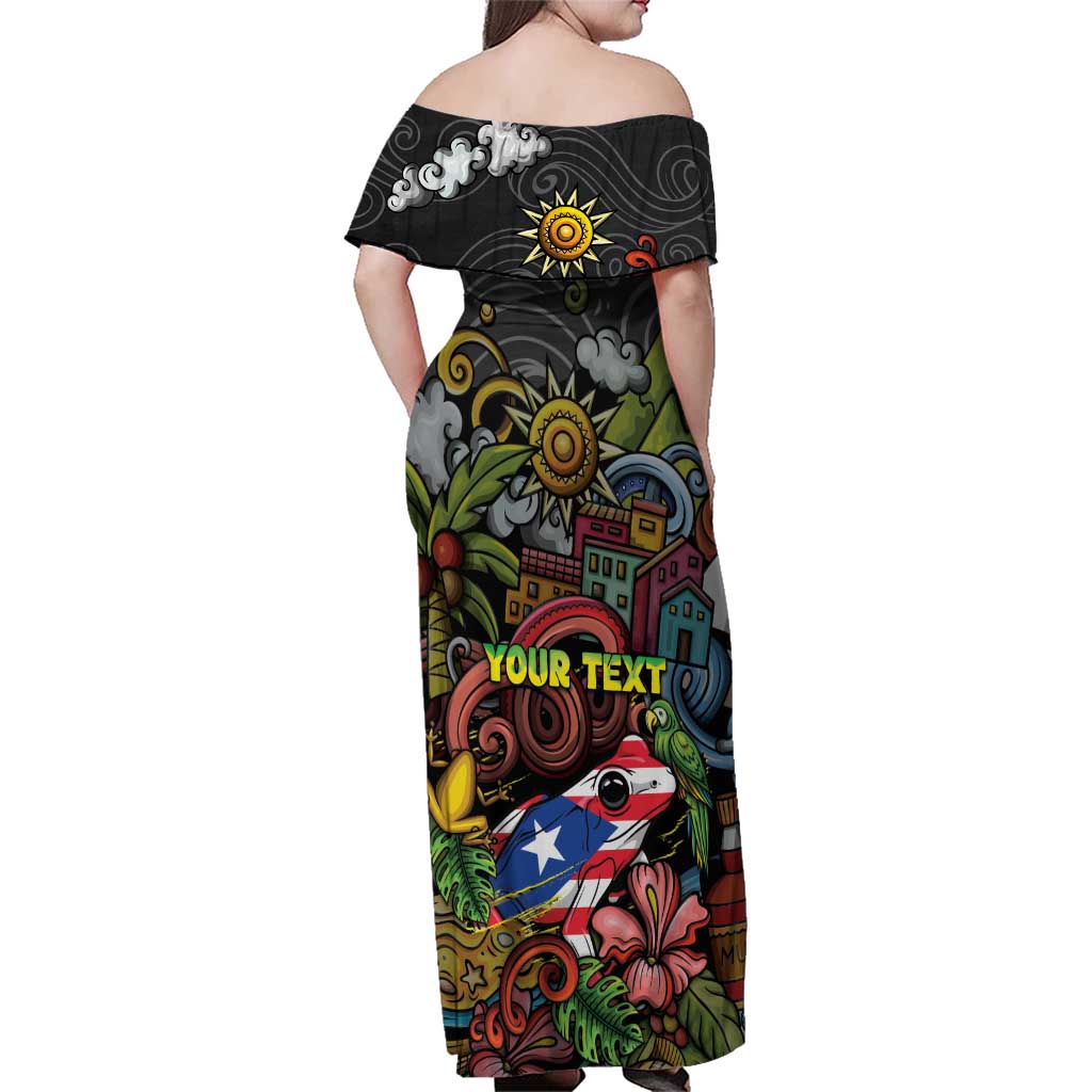 Personalized Puerto Rico Family Matching Off Shoulder Maxi Dress and Hawaiian Shirt The Coqui Frog Tropical Doodle Style - Wonder Print Shop