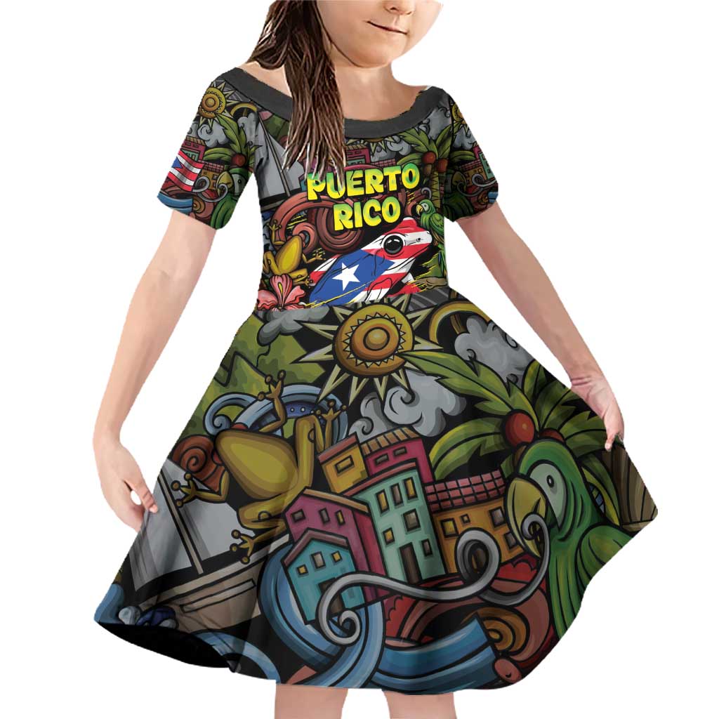 Personalized Puerto Rico Family Matching Off Shoulder Short Dress and Hawaiian Shirt The Coqui Frog Tropical Doodle Style - Wonder Print Shop