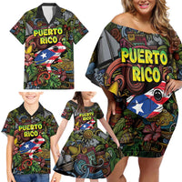 Personalized Puerto Rico Family Matching Off Shoulder Short Dress and Hawaiian Shirt The Coqui Frog Tropical Doodle Style - Wonder Print Shop