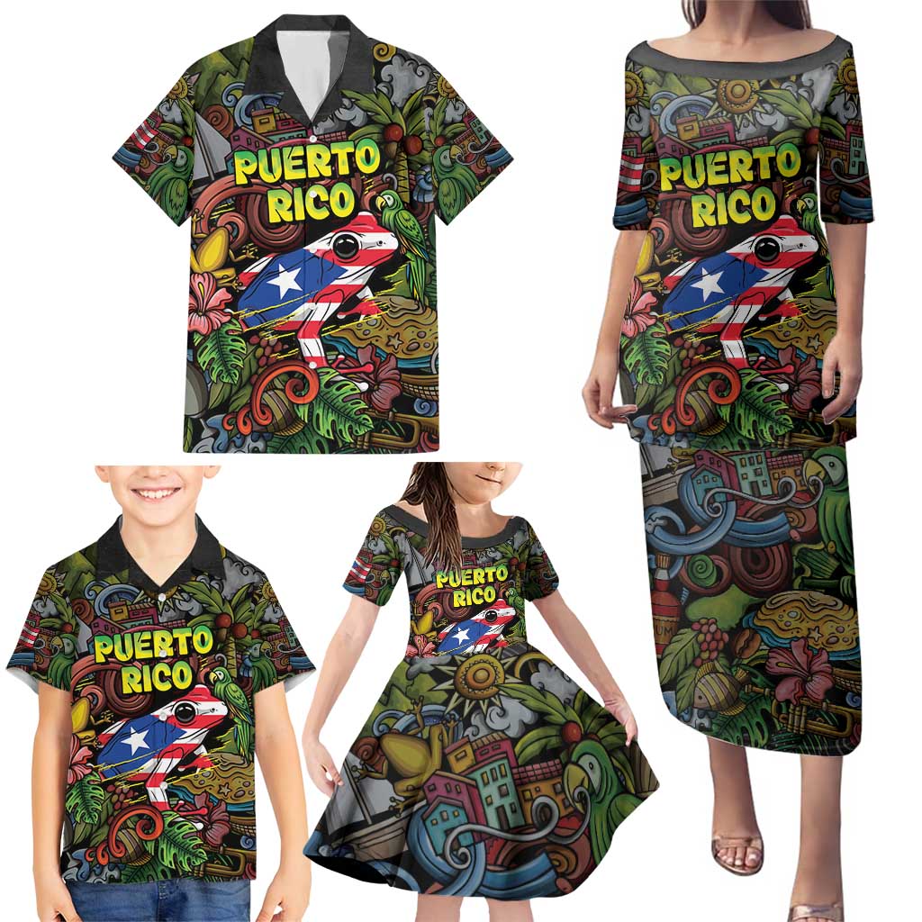 Personalized Puerto Rico Family Matching Puletasi and Hawaiian Shirt The Coqui Frog Tropical Doodle Style - Wonder Print Shop