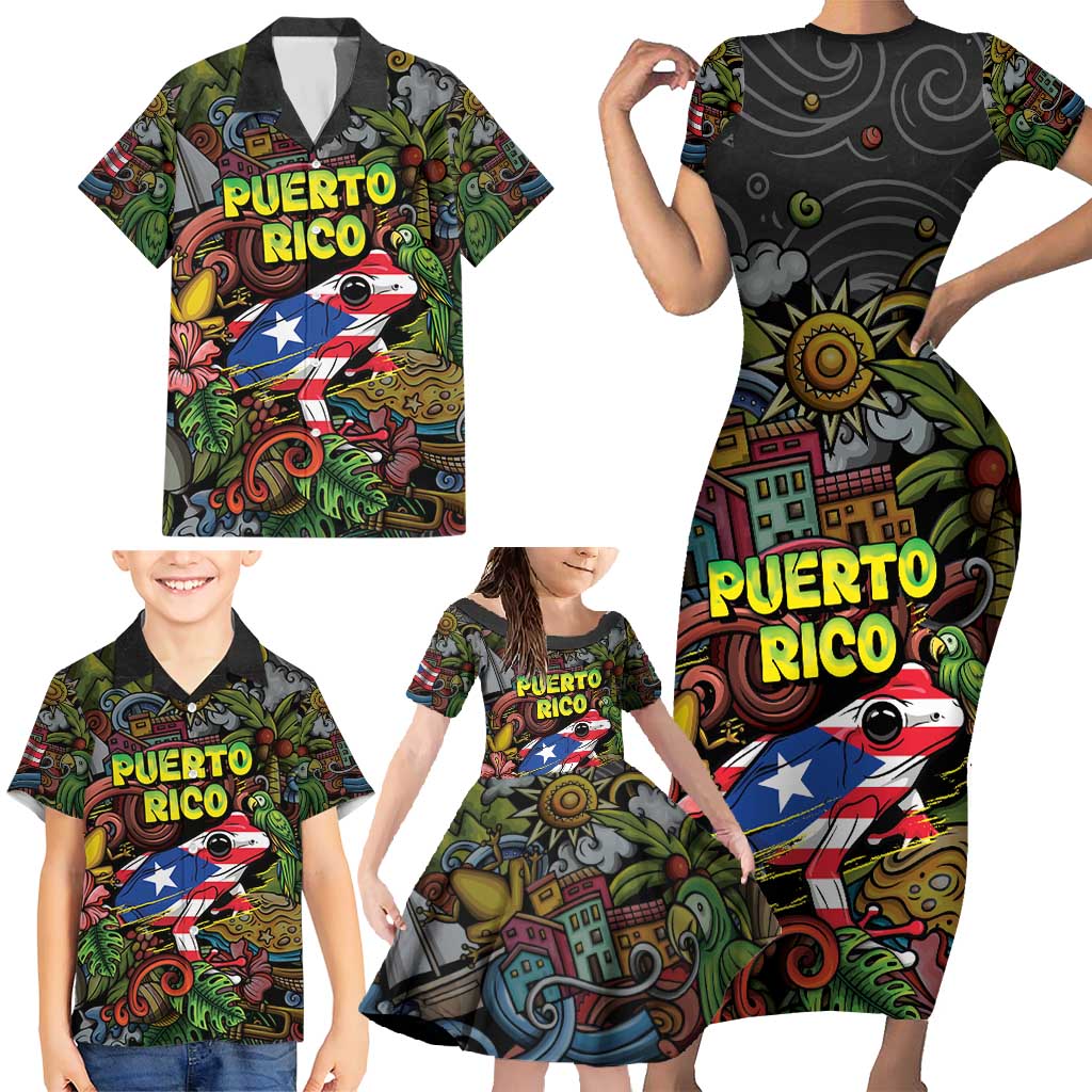 Personalized Puerto Rico Family Matching Short Sleeve Bodycon Dress and Hawaiian Shirt The Coqui Frog Tropical Doodle Style - Wonder Print Shop