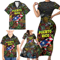 Personalized Puerto Rico Family Matching Short Sleeve Bodycon Dress and Hawaiian Shirt The Coqui Frog Tropical Doodle Style - Wonder Print Shop