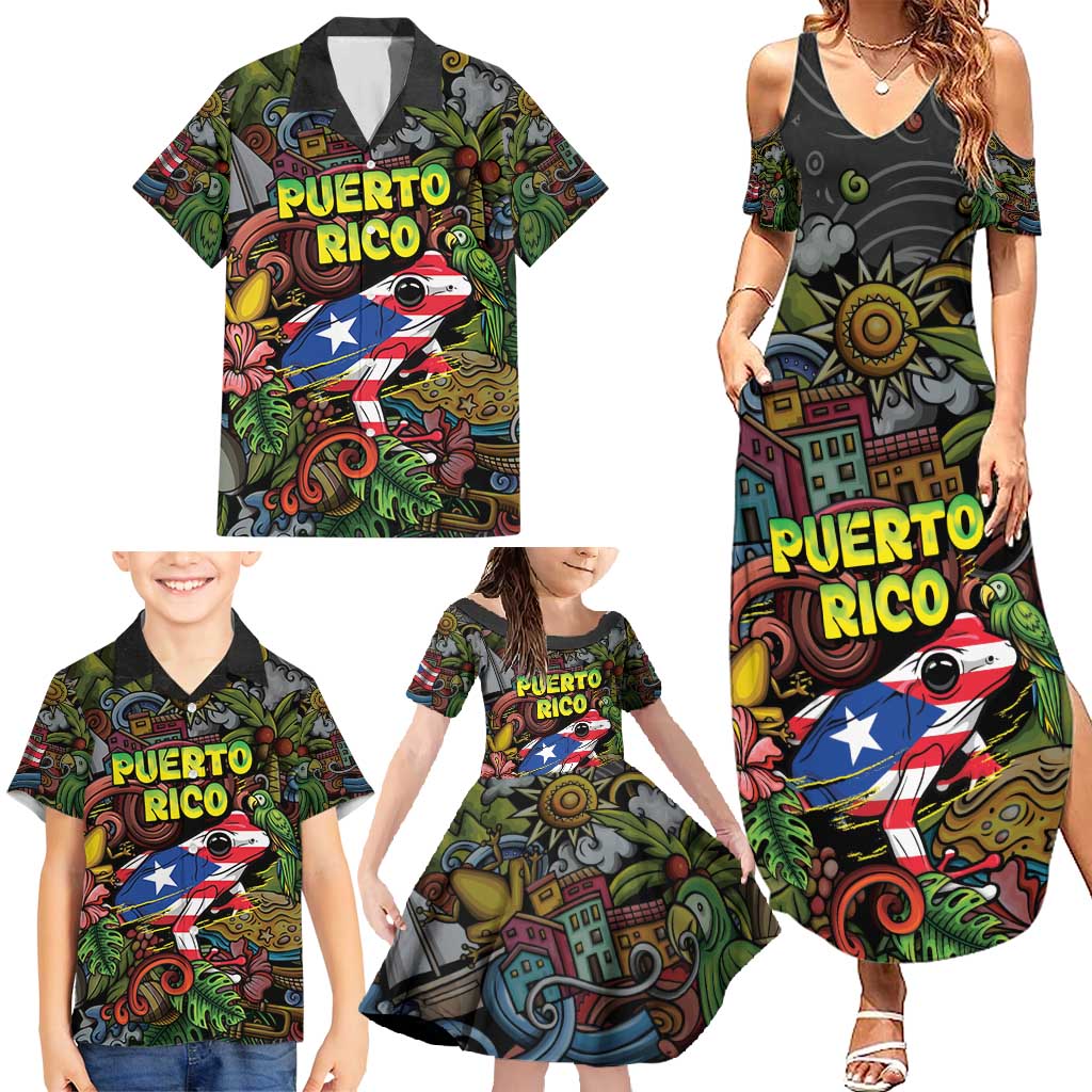 Personalized Puerto Rico Family Matching Summer Maxi Dress and Hawaiian Shirt The Coqui Frog Tropical Doodle Style - Wonder Print Shop