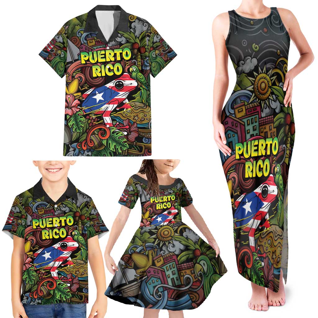 Personalized Puerto Rico Family Matching Tank Maxi Dress and Hawaiian Shirt The Coqui Frog Tropical Doodle Style - Wonder Print Shop