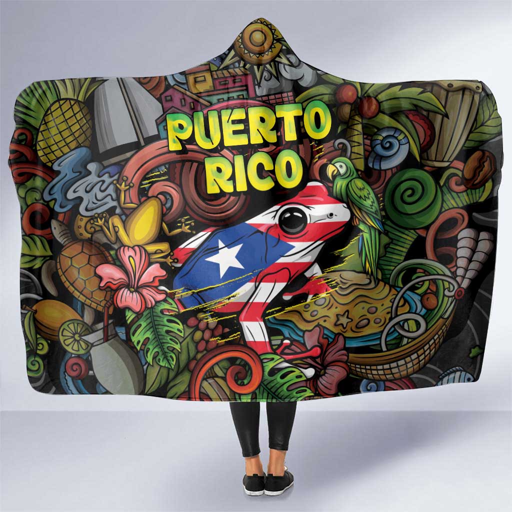 Puerto Rico Hooded Blanket The Coqui Frog Tropical Doodle Style - Wonder Print Shop