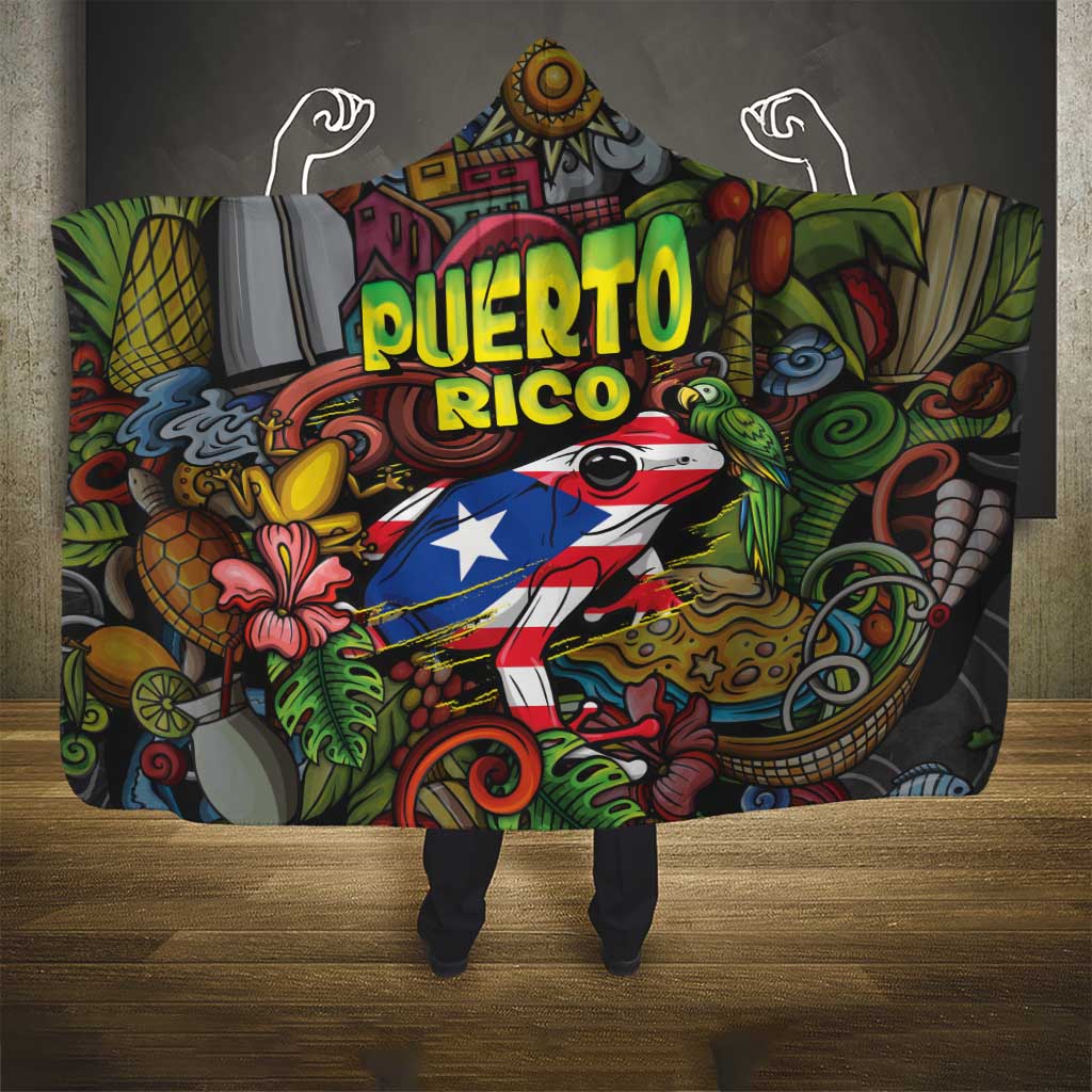Puerto Rico Hooded Blanket The Coqui Frog Tropical Doodle Style - Wonder Print Shop