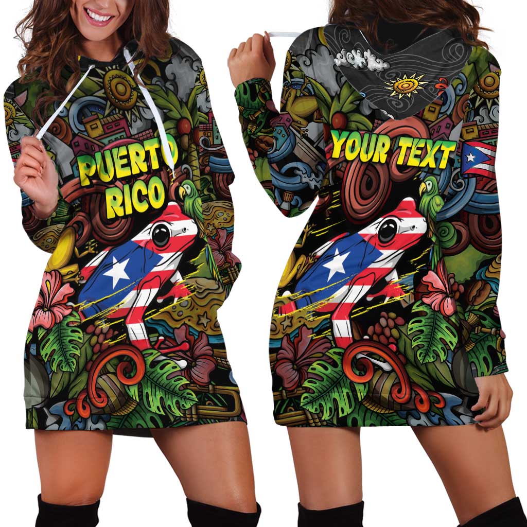 Personalized Puerto Rico Hoodie Dress The Coqui Frog Tropical Doodle Style - Wonder Print Shop