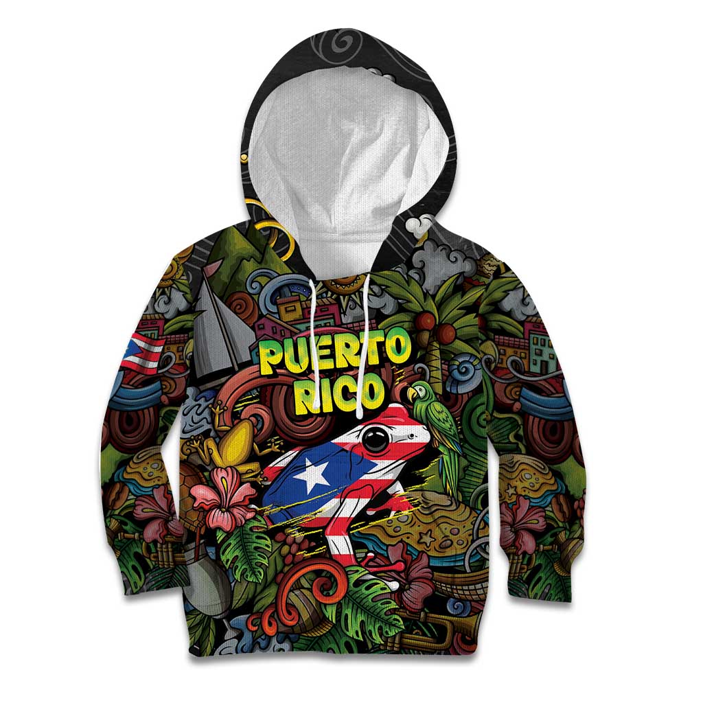 Personalized Puerto Rico Kid Hoodie The Coqui Frog Tropical Doodle Style - Wonder Print Shop
