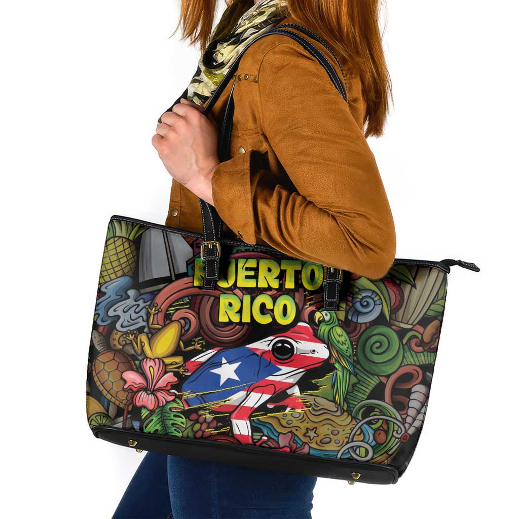 Puerto Rico Leather Tote Bag The Coqui Frog Tropical Doodle Style - Wonder Print Shop