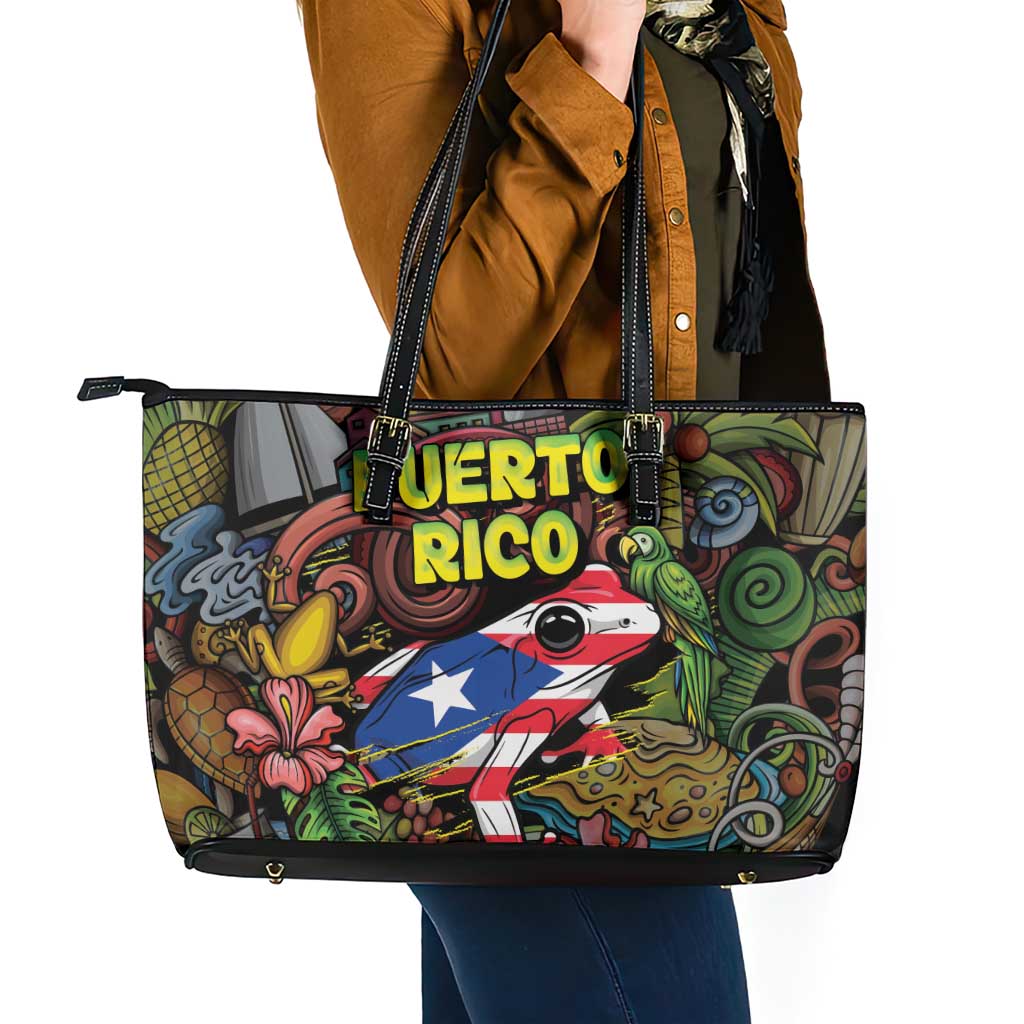 Puerto Rico Leather Tote Bag The Coqui Frog Tropical Doodle Style - Wonder Print Shop