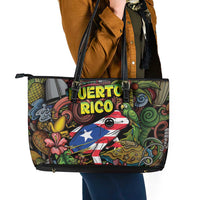 Puerto Rico Leather Tote Bag The Coqui Frog Tropical Doodle Style - Wonder Print Shop