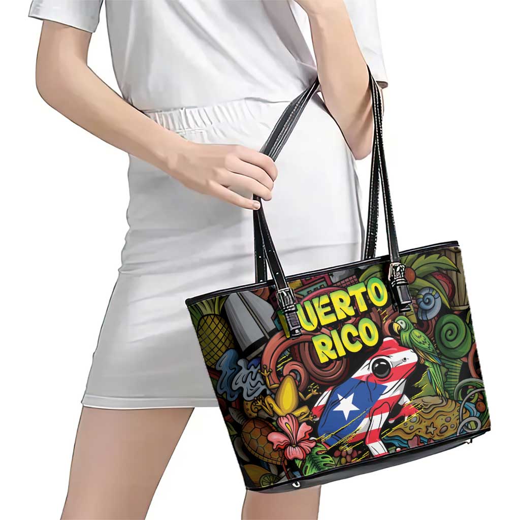Puerto Rico Leather Tote Bag The Coqui Frog Tropical Doodle Style - Wonder Print Shop