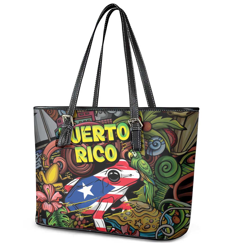 Puerto Rico Leather Tote Bag The Coqui Frog Tropical Doodle Style - Wonder Print Shop