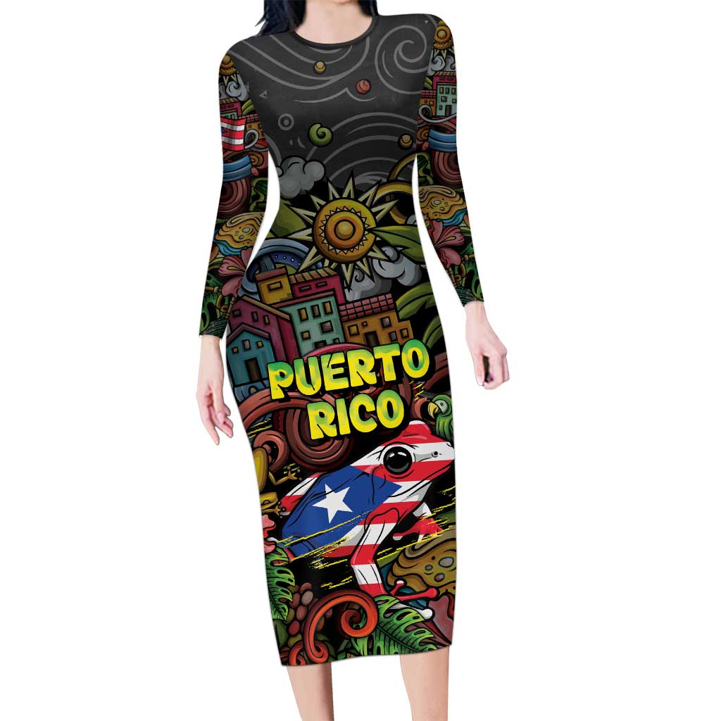 Personalized Puerto Rico Long Sleeve Bodycon Dress The Coqui Frog Tropical Doodle Style - Wonder Print Shop