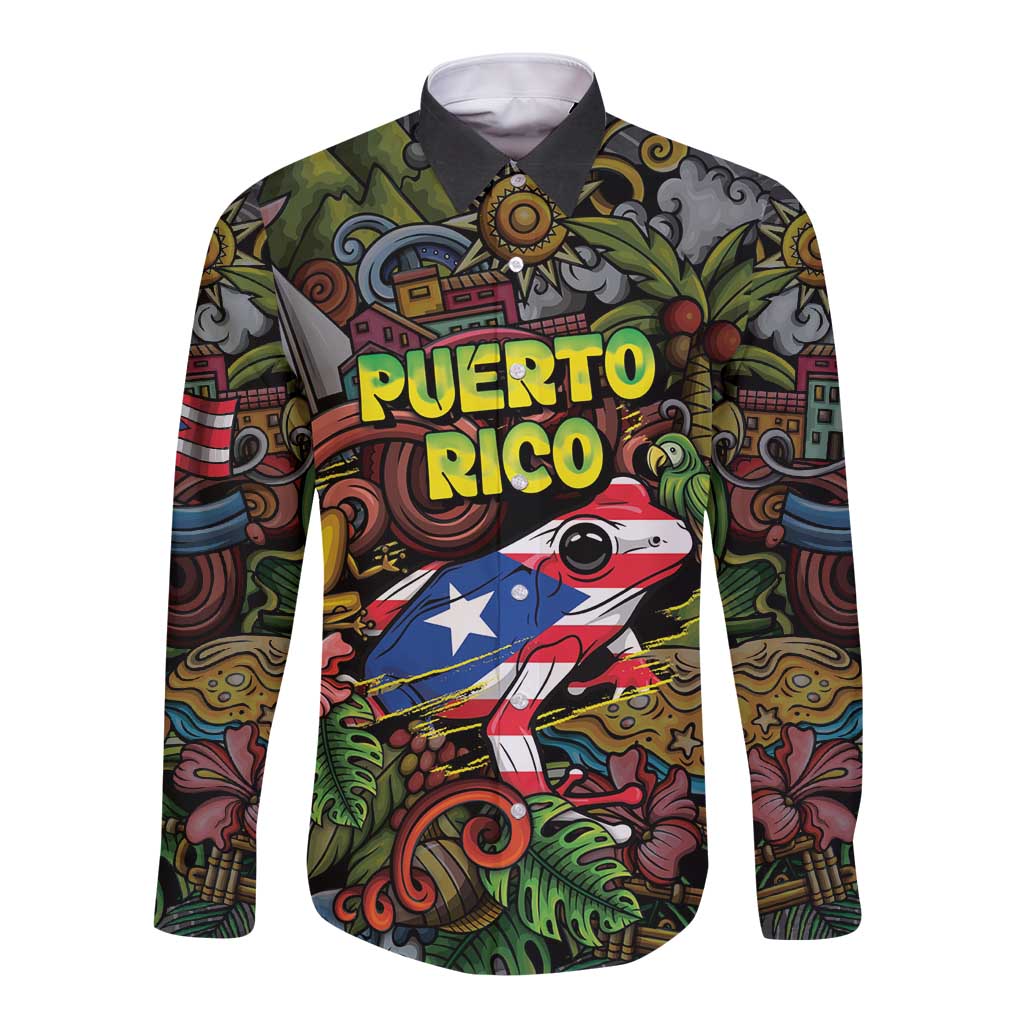 Personalized Puerto Rico Long Sleeve Button Shirt The Coqui Frog Tropical Doodle Style - Wonder Print Shop
