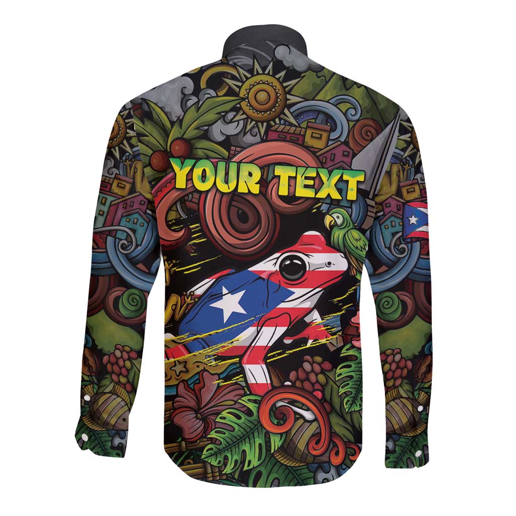 Personalized Puerto Rico Long Sleeve Button Shirt The Coqui Frog Tropical Doodle Style - Wonder Print Shop
