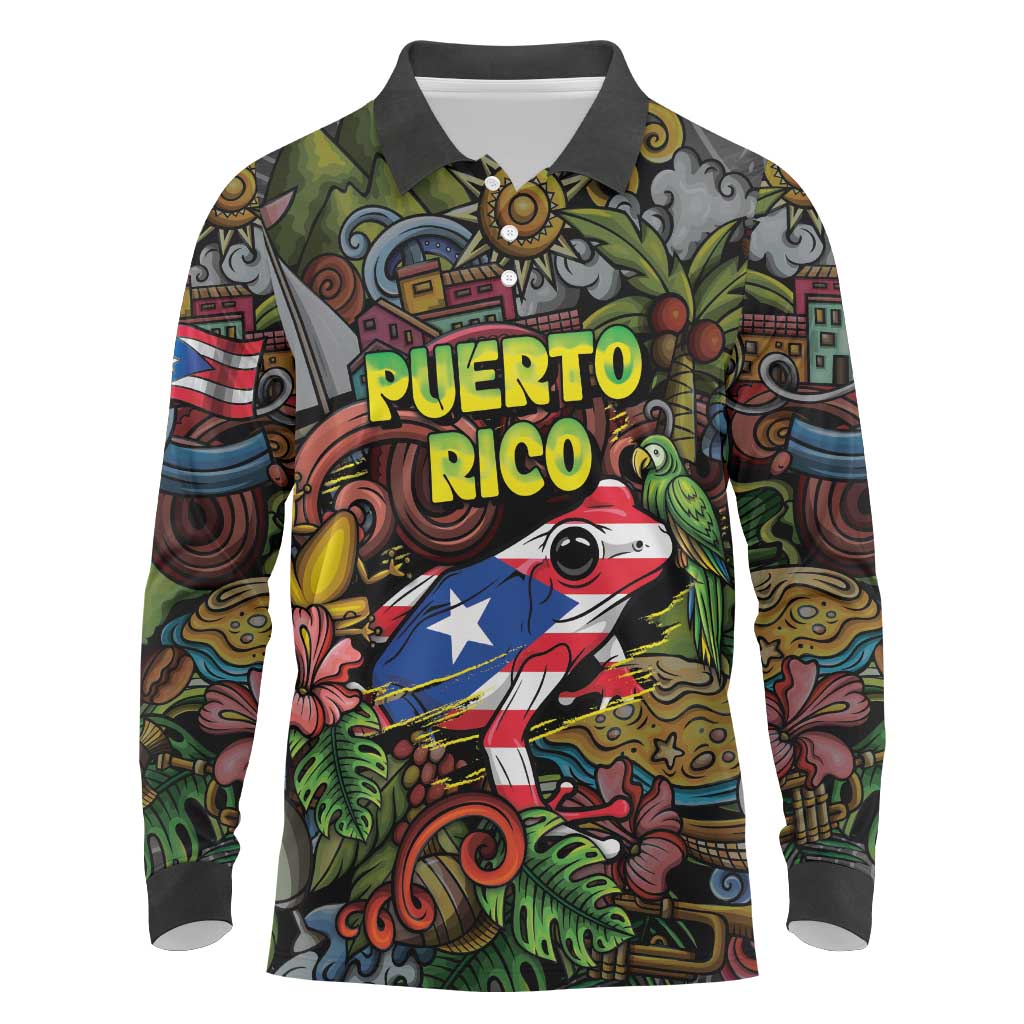 Personalized Puerto Rico Long Sleeve Polo Shirt The Coqui Frog Tropical Doodle Style - Wonder Print Shop