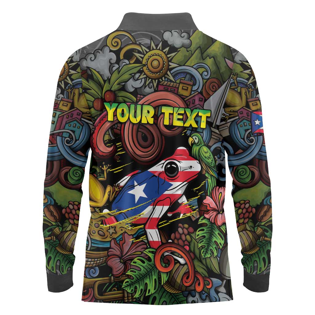 Personalized Puerto Rico Long Sleeve Polo Shirt The Coqui Frog Tropical Doodle Style - Wonder Print Shop