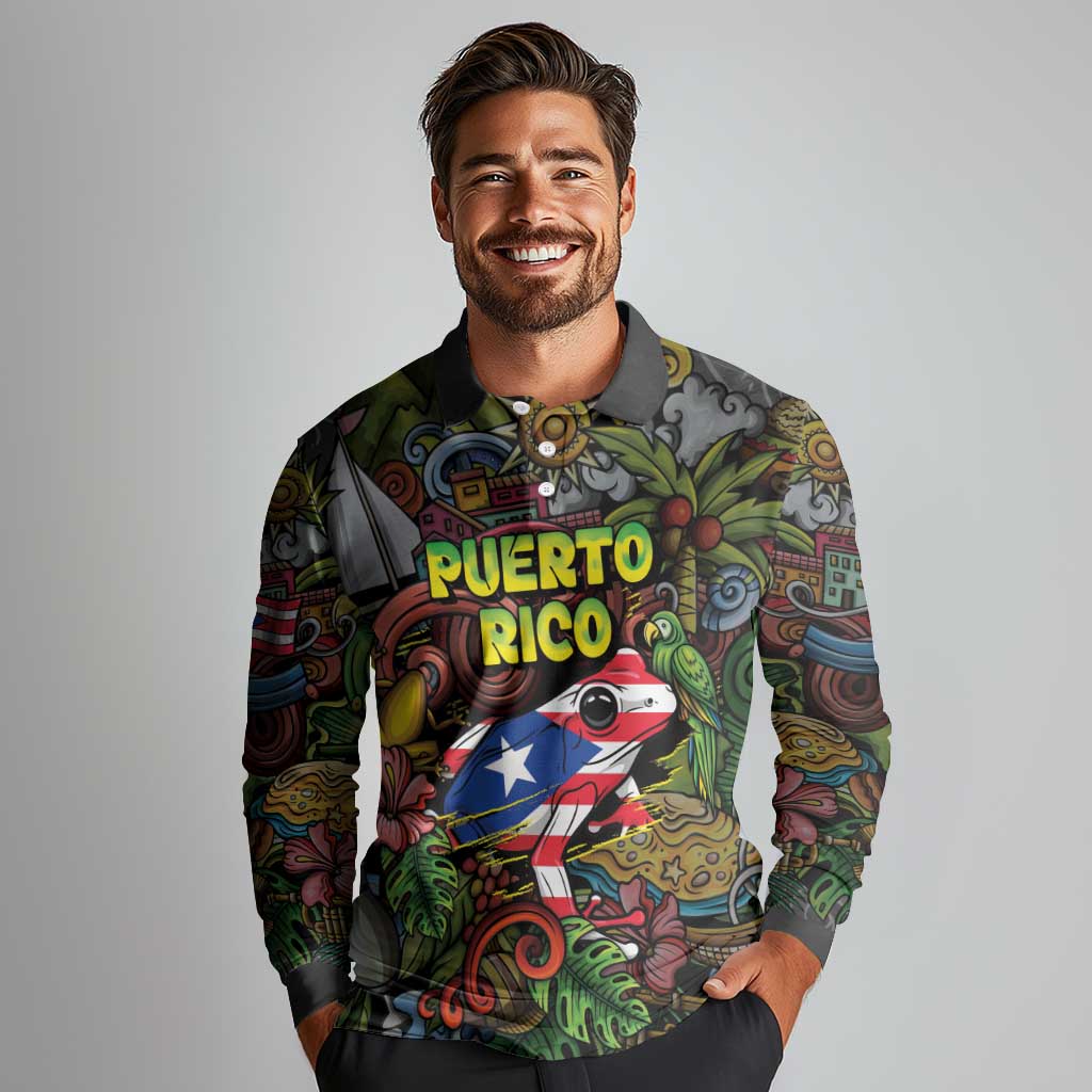 Personalized Puerto Rico Long Sleeve Polo Shirt The Coqui Frog Tropical Doodle Style - Wonder Print Shop