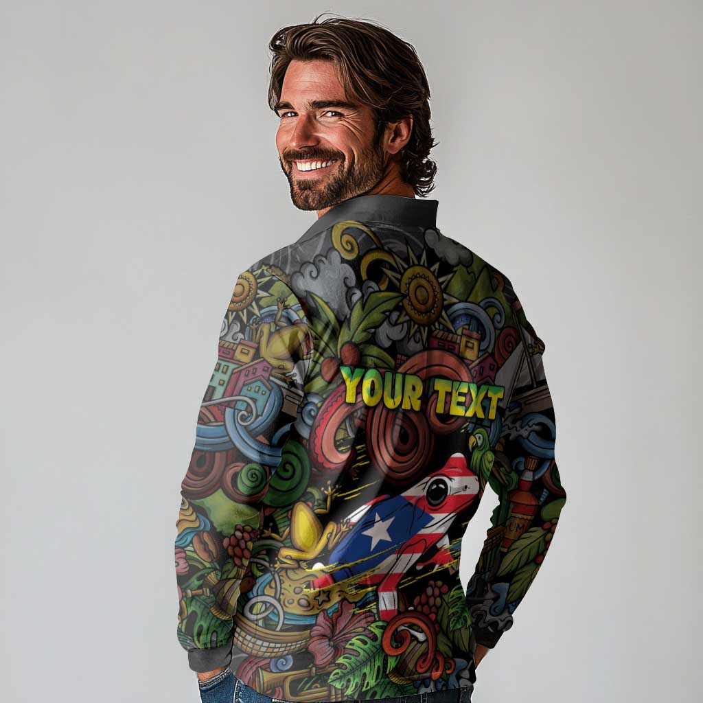 Personalized Puerto Rico Long Sleeve Polo Shirt The Coqui Frog Tropical Doodle Style - Wonder Print Shop
