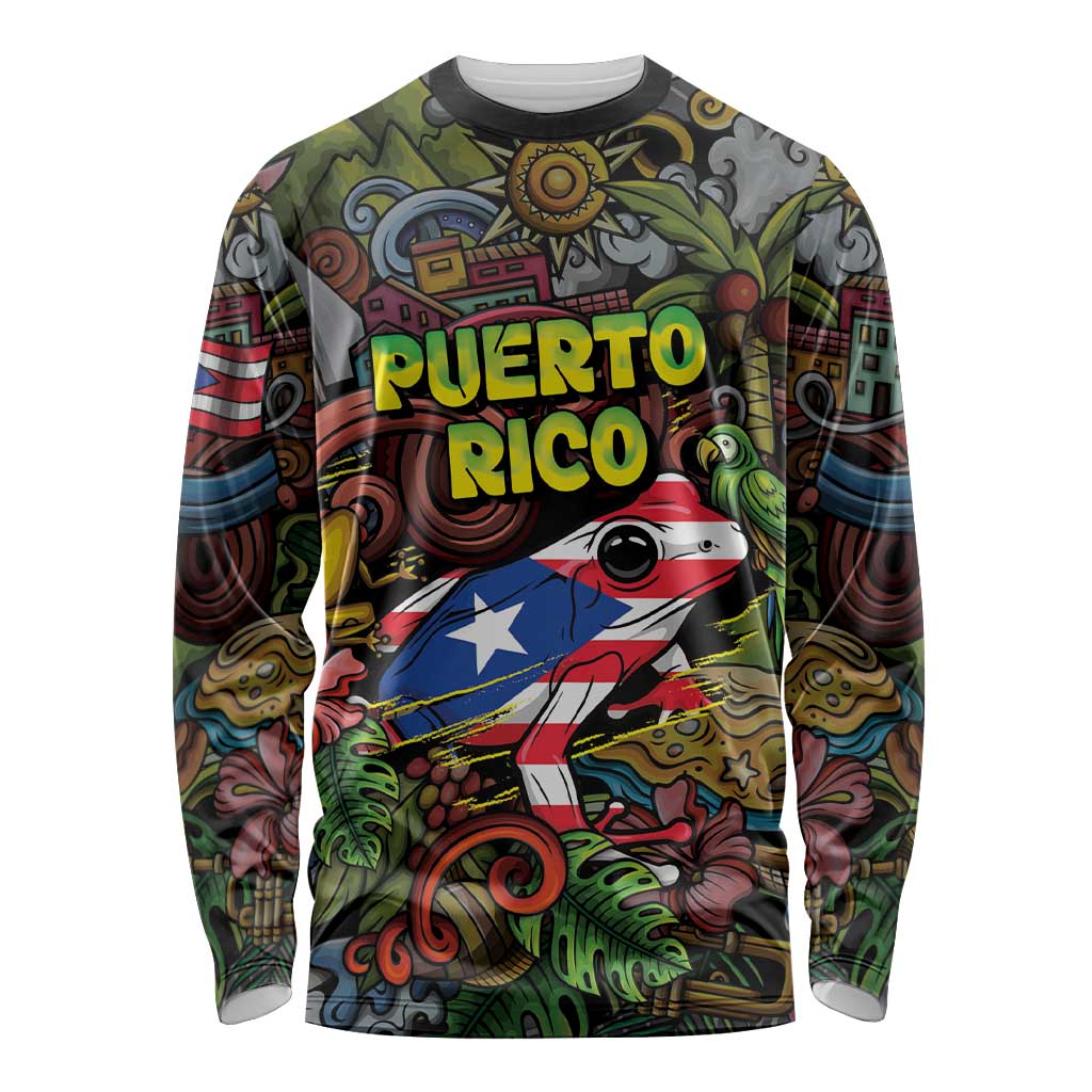 Personalized Puerto Rico Long Sleeve Shirt The Coqui Frog Tropical Doodle Style - Wonder Print Shop