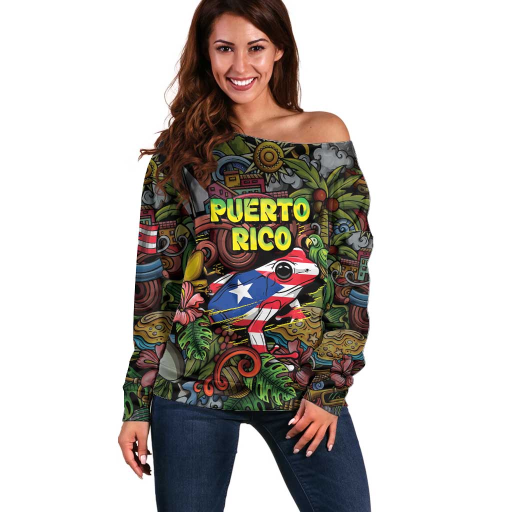 Personalized Puerto Rico Off Shoulder Sweater The Coqui Frog Tropical Doodle Style - Wonder Print Shop