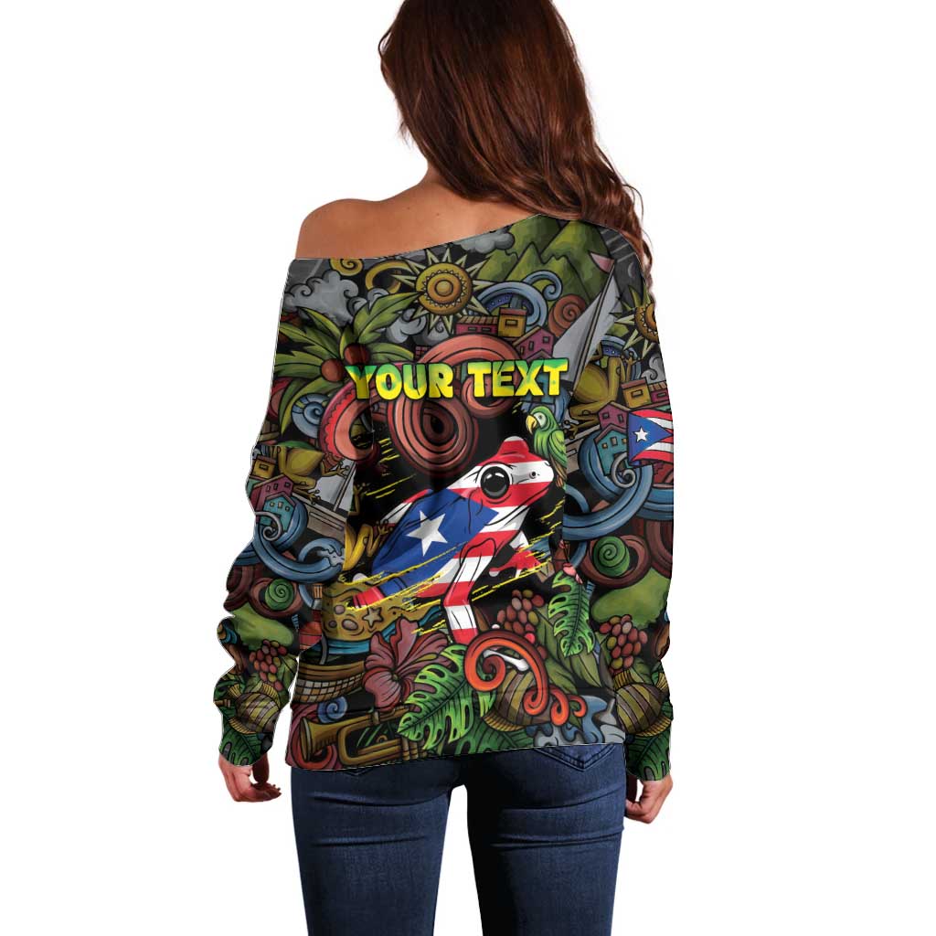 Personalized Puerto Rico Off Shoulder Sweater The Coqui Frog Tropical Doodle Style - Wonder Print Shop