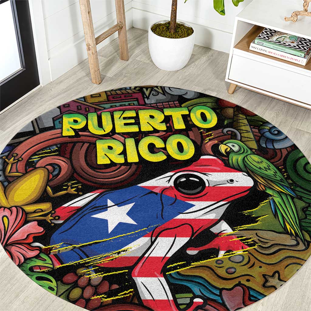 Puerto Rico Round Carpet The Coqui Frog Tropical Doodle Style - Wonder Print Shop