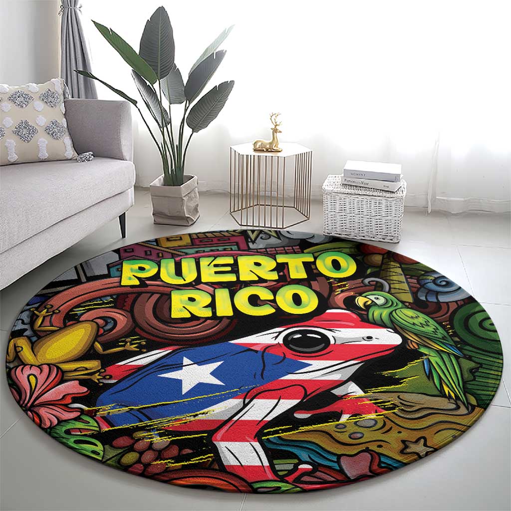 Puerto Rico Round Carpet The Coqui Frog Tropical Doodle Style - Wonder Print Shop